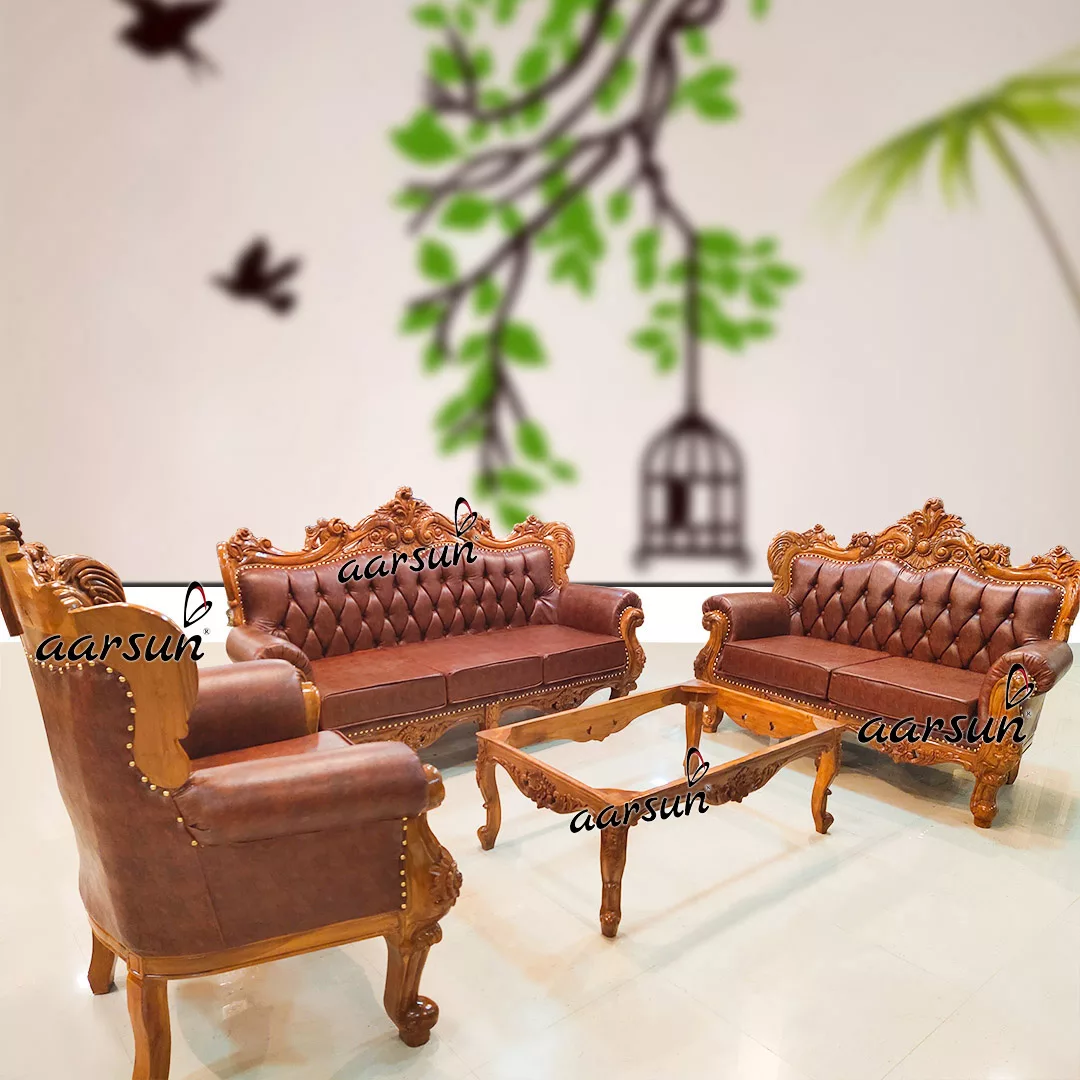 Brown wooden sofa set discount